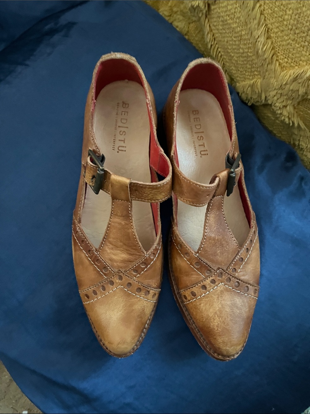 BED|STU Brown Leather T-Strap Brogue Flats - Picture 3 of 5